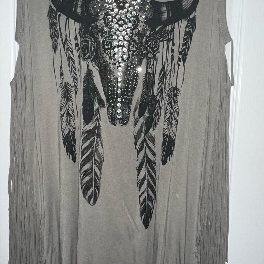 Fringe Sleeveless Top with Bull Skull Design